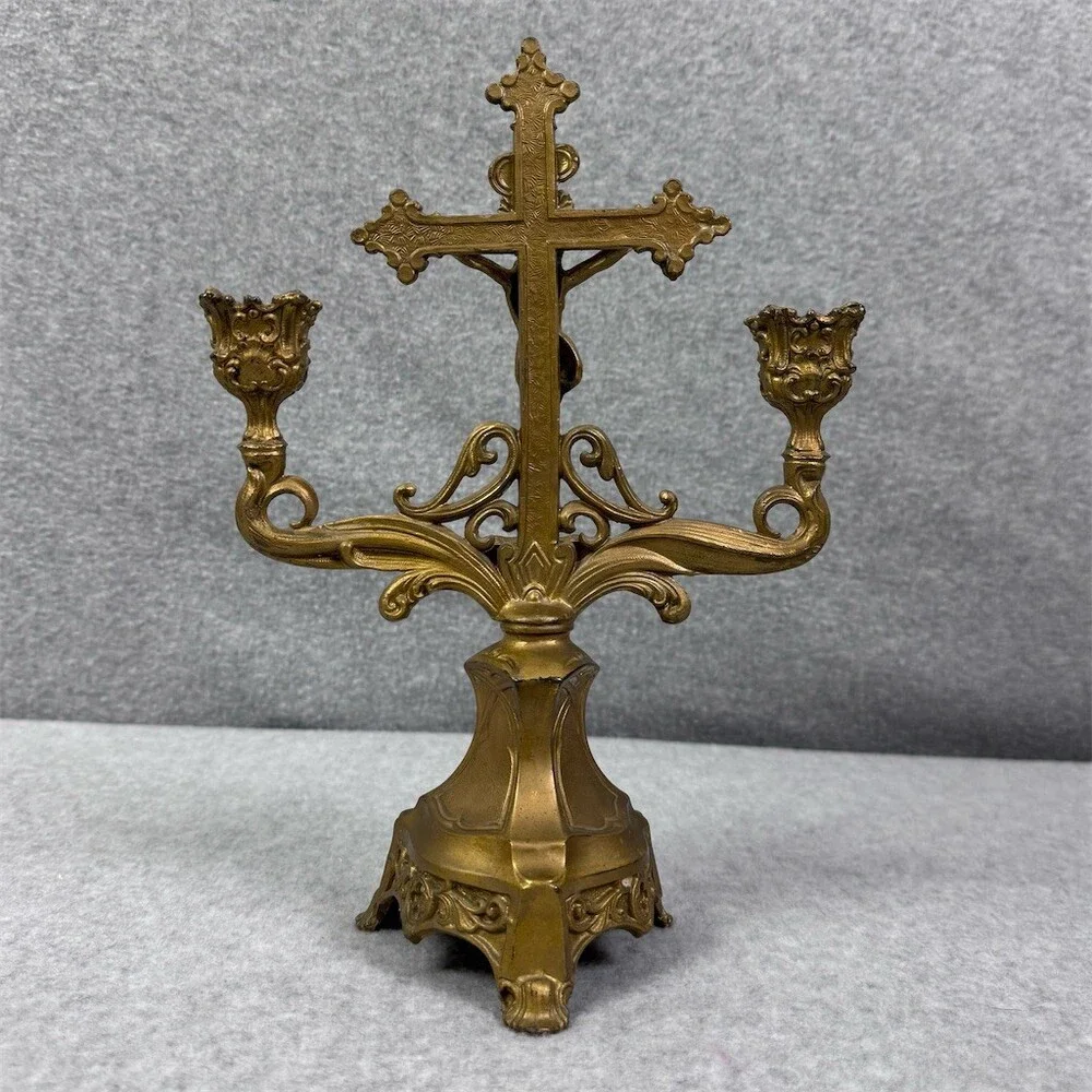 Vintage Crucifix Last Rites Altar Candelabra Double Taper Candle Holder